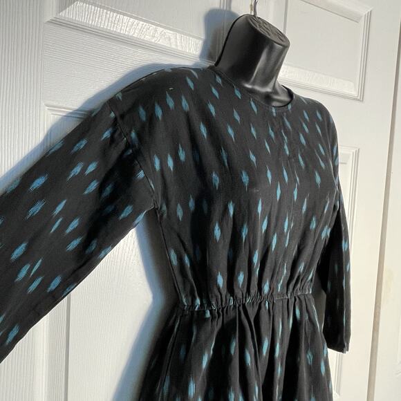 Vintage 90s Las Manos Handwoven Dress Women Small Black Teal Cotton Modest Midi - Picture 2 of 12